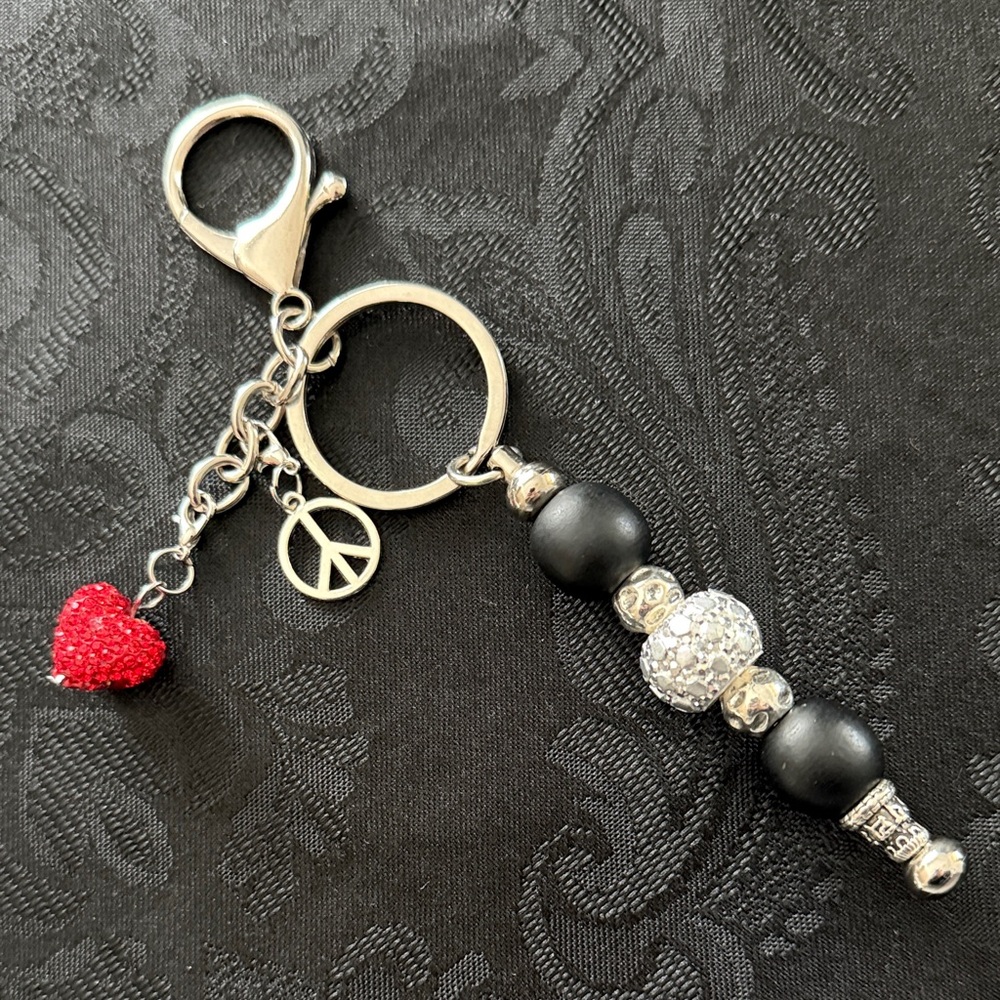Hand Crafted Black & Red Beaded Keychain with Heart and Peace Charms